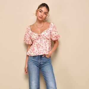Lulus Sunny Match Pink Floral Print Puff Sleeve Top